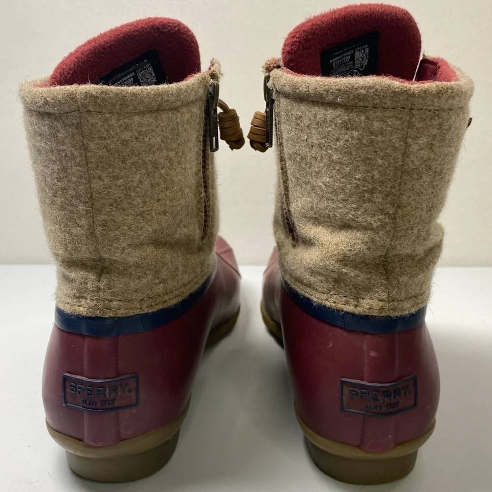Sperry Saltwater Wool duck boots sz‎ 8 Rubber Side Zip Fleece Lined red tan